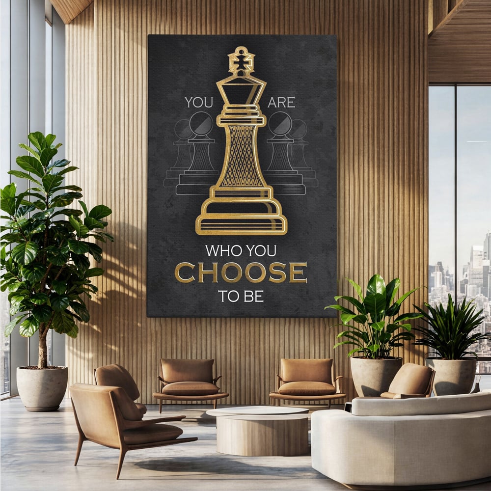 Tablou canvas cu tablou canvas cu rege de sah, fara rama, pe sasiu de lemn, pe perete intr-un birou